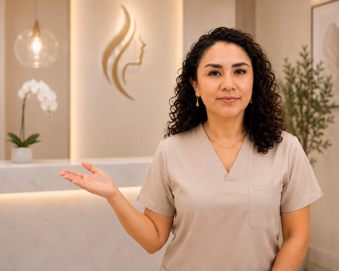 La Dra. Fátima García señalando la recepción de Sbeltia