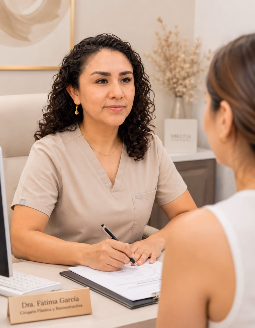 La Dra. Fátima García conversando con una paciente en el consultorio
