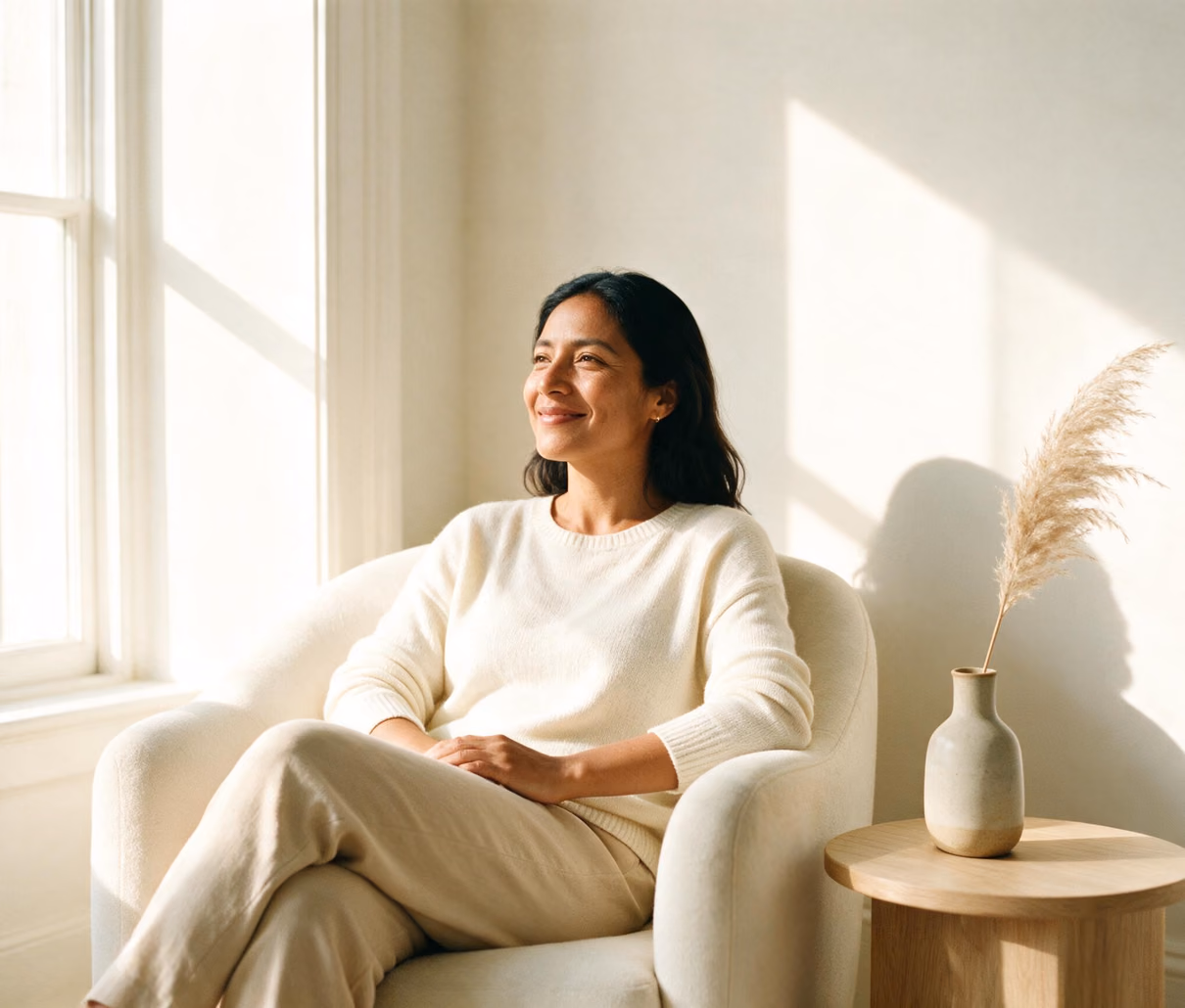 Mujer sonriente y relajada durante una consulta